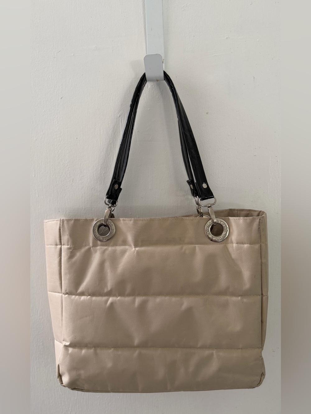 Quilted Beige Tote with Black Strap Handles